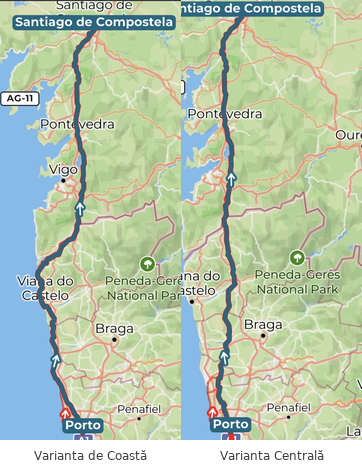 Hartă comparativă: Varianta de Coastă și Varianta Centrală de la Porto la Santiago de Compostela
