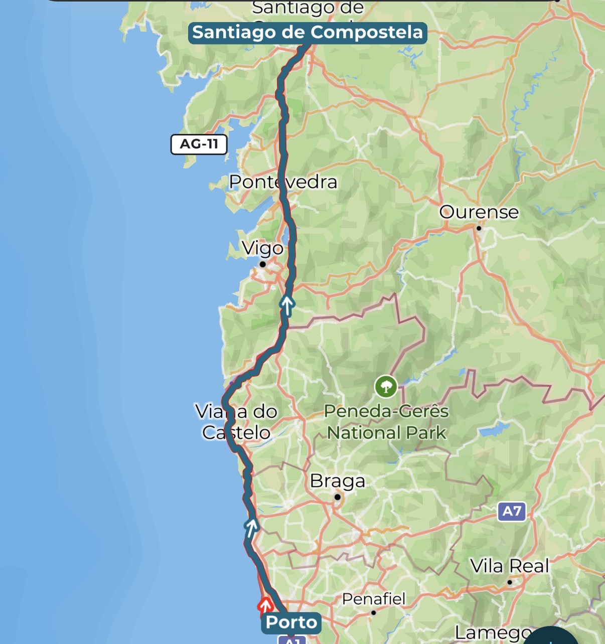 Harta Camino Portughez de coastă — ruta oficială de la Porto la Santiago de Compostela