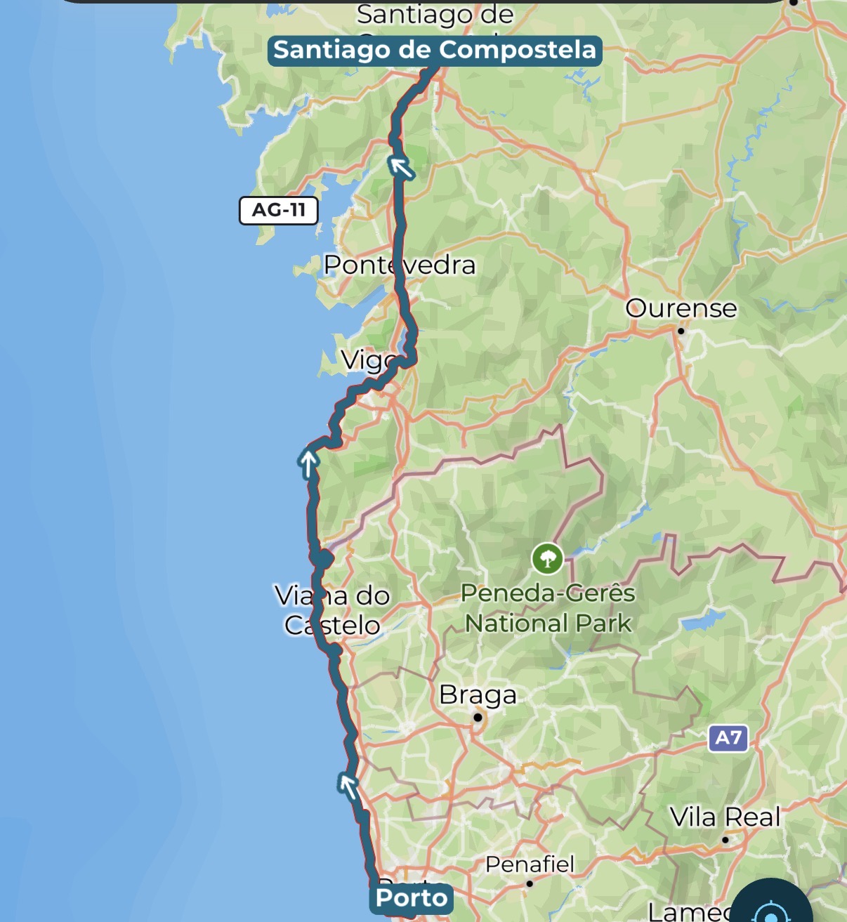 Harta Camino Portughez de coastă — ruta litoral (senda) de la Porto la Santiago de Compostela