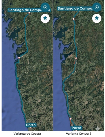 Hartă comparativă: Varianta de Coastă și Varianta Centrală de la Porto la Santiago de Compostela